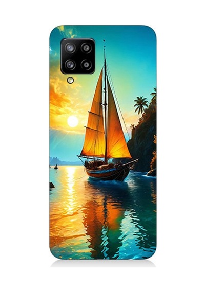 Samsung Galaxy A42 5g Uyumlu Gün Batımında Yelkenli Tekne Desenli Silikon Kılıf Çok Renkli