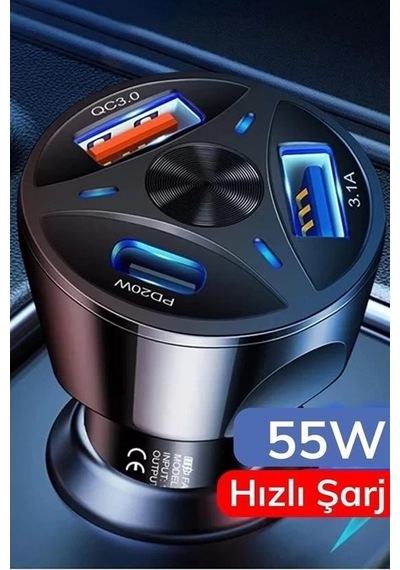 Cj 55w 3 Port Usb Araç İçin Telefon Şarj Cihazı 3 Girişli Çakmaklık Adaptör-31a Pd 20w Qc 30