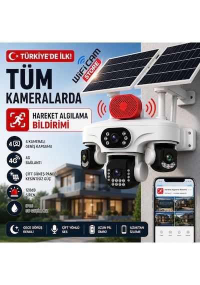 Tüm Lenslerde Hareket Algılama 4 Kameralı 4g Solar Kamera Aov 7/24 Kayıt