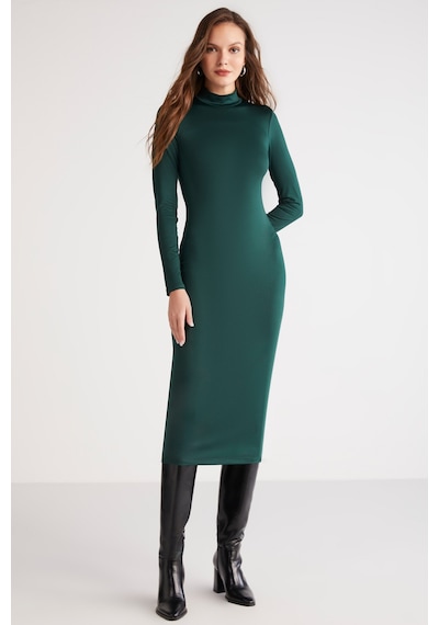 Ethıquet Katja Kadın Vücudu Tamamen Saran Slim Fit Dar Kesim Dik Yaka Midi Boy Yeşil Elbise