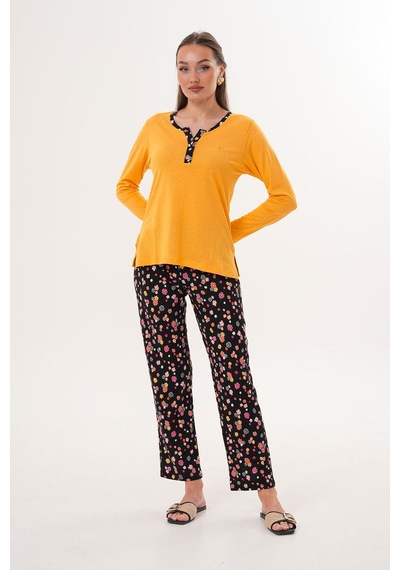 Çift Kaplan Kadın Pamuk Modal Açık Patlı Sarı Pijama Takımı 7019 Sarı