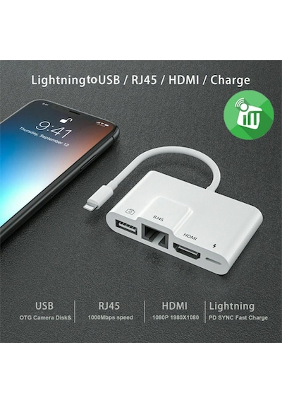 Ally Apple Uyumlu iPhone 3In1 Lightning Hdmı Rj45 Otg Digital Av Adaptör Hub