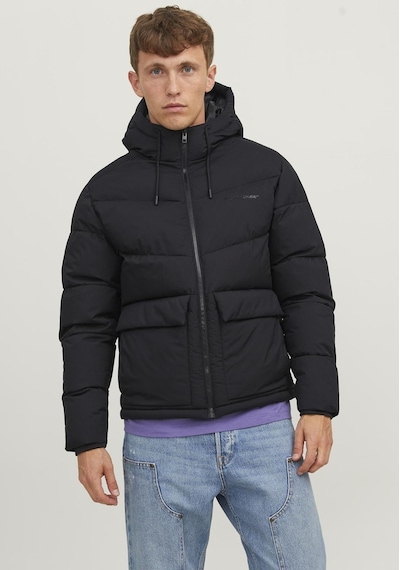 Jack & Jones Logo Baskılı Kapüşonlu Puffer Mont - Vesterbro 12238849 Siyah Koyu Siyah