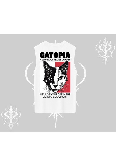 Startmore Startmore Modern Kedi Temalı Arka Baskılı Kolsuz Tshirt Beyaz