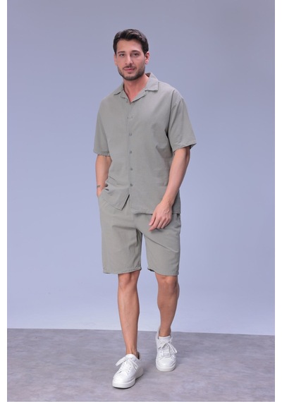 Erkek Rahat Kalıp Cepli Keten Gömlek Ve Beli Lastikli Şort Yazlık Oversize Takım Çağla Yeşili