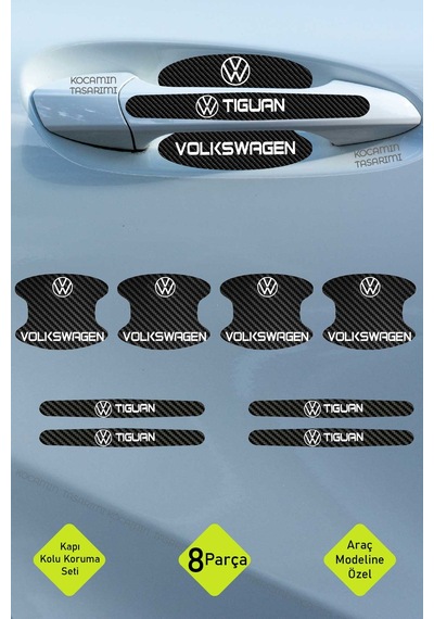 Dekoratif Volkswagen Tiguan Karbon Kapı Kolu Koruma Seti Şık Beyaz Yazılı 8 Parça Koruyucu Folyo