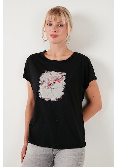 Lela Baskılı Bisiklet Yaka Regular Fit Bayan T Shirt 6671002 Siyah Lela Baskılı Bisiklet Yaka Regular Fit Bayan T Shirt 6671002 Siyah