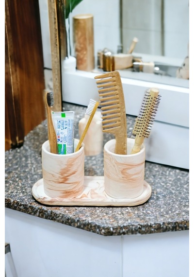 Banyo Seti Turuncu Renk Tepsili Diş Fırçalık, Diş Macunluk, Makyaj Organizeri,banyo Takım Gri