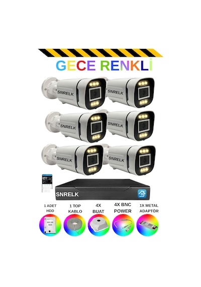 Snrelk 6'lı Gece Renkli Yüz Tanıma Ve Hareket Algılamalı Full Hd Güvenlik Kamera Set