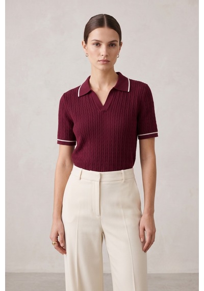 Rovebella Incanto Polo Yaka Saç Örgü Bordo Triko Bluz