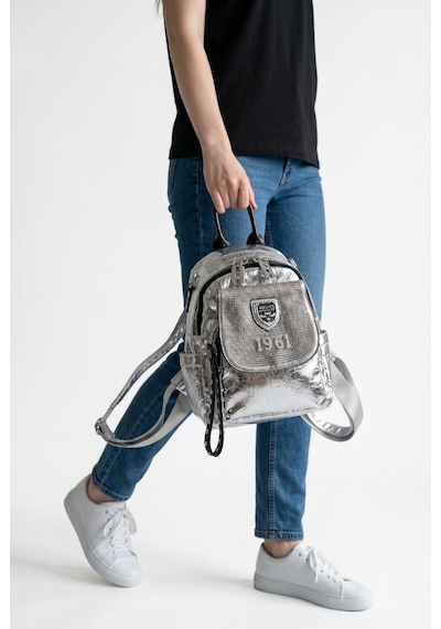 Baginn Kadın Sırt Çantası Taşlı Model Black-silver 25 19 Cm Günlük Mini Sırt Çantası Fonksiyonel Kullanım Gümüş