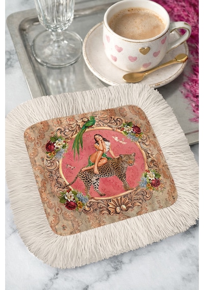 Vintage Kraliyet Saçaklı Sunum Peçetesi - Egzotik Bohem Pembe Altın Renkli Kahve Yanı Sunum Mendili Çok Renkli