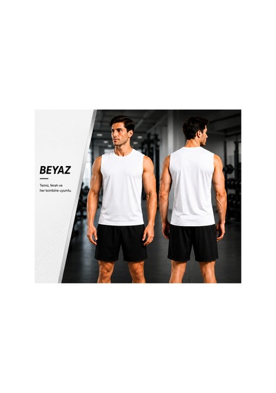 Beydex Erkek Nem Emici Hızlı Kuruma Atletik Teknik Sporcu Sıfır Kol T-shirt Gym Beyaz