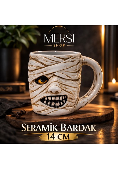 Antik Mısır Mumya Figürlü 3d Kabartmalı Seramik Kupa Bardak Dekoratif Kahve Çay Kupası Beyaz