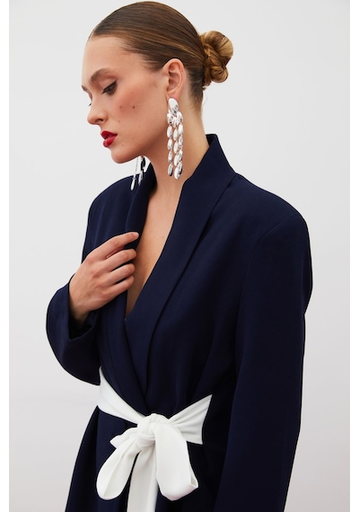 Sateen Beli Kuşaklı Uzun Ceket - Lacivert