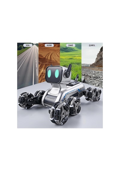 Uzaktan Kumandalı 8 Tekerli Akrobat Wall-e Benzeri Oyuncak Robot Köpek Araba 25 Cm. Gri