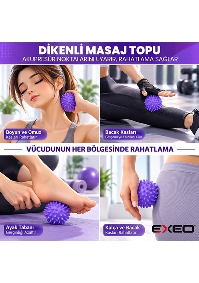 Exeo Foam Roller 5 Li Masaj Egzersiz Seti Rulo Top Direnç Bandı Pilates Yoga Fitness Mor
