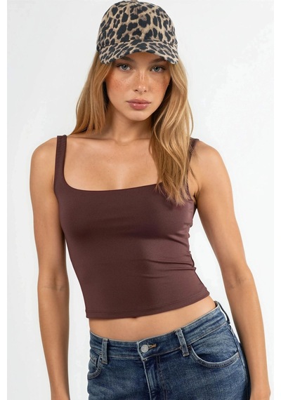 Hiccup Kare Yakalı Vücuda Oturan Crop Top Kahve Kahvesi