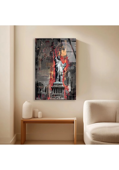 Özgürlük Heykeli Grunge Şehir - Cam Tablo - Deg0533 90 X 140 Cm