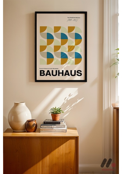 Bauhaus Renkli Yarım Daire, Siyah Çerçeveli Duvar Tablosu - Modern Ev Dekorasyonu