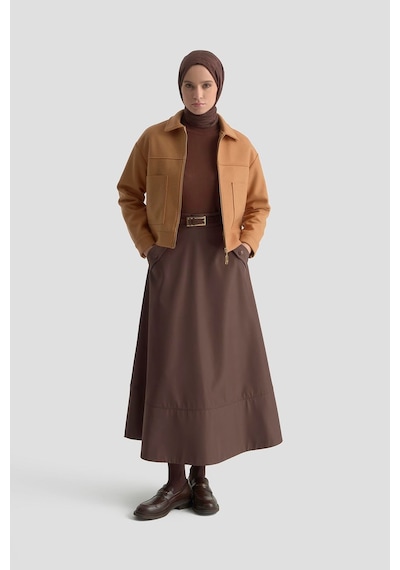 Armine Trend Boydan Fermuarlı Cep Detaylı Kısa Ceket Camel 25kt517