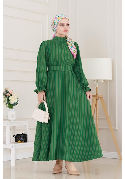 Sevitli Kolu Volanlı Kemerli Henna Elbise-yeşil-5059 Yeşil