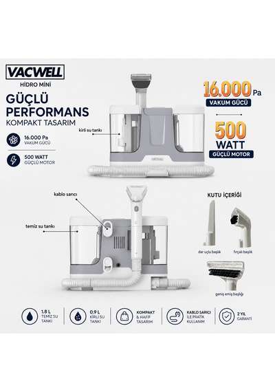 Vacwell Hidro Mini Koltuk Ve Halı Yıkama Makinesi 500 Watt 16 Kpa 3 Başlıklı