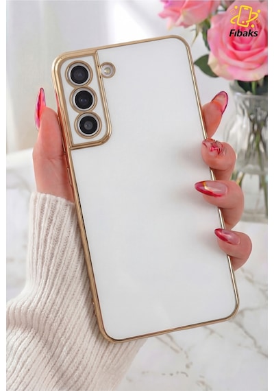 Fibaks Galaxy S21 Fe Uyumlu Kılıf Parlak Kenarlı Altın Işlemeli Kamera Korumalı Kapak