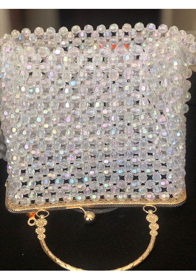 Clutch,, Boncuk Abiye Çanta Beyaz