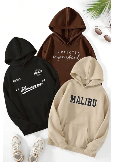 Uyguntarz 3'lu Paket Baskılı Oversize Unisex Sweatshirt Bej