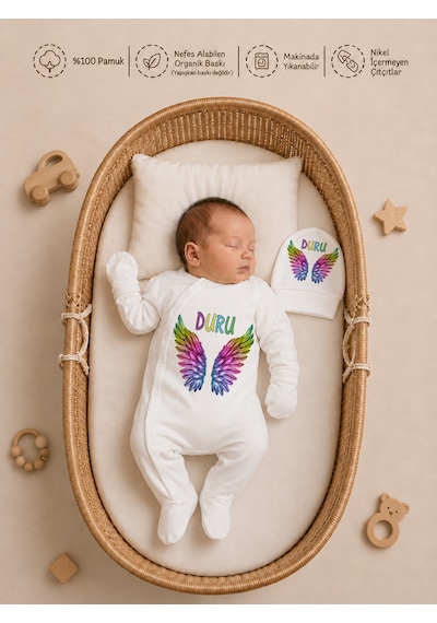 Pia Baby Yeni Doğan Kız Bebek 4 Parça Hastane Çıkışı Seti %100 Pamuk Kişiye Özel İsimli Battaniyeli Tulum Set 2051bt3x Ekru