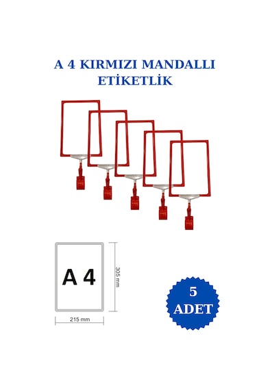 5 Adet Kırmızı A4 Mandallı Raf Sepet Etiketi Çerçeveli Etiketlik Kırmızı