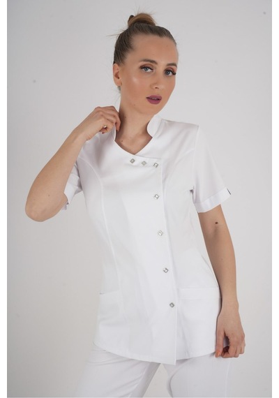 Aylu Model Soft Likra Beyaz Doktor Hemşire Hastane Scrubs Üniforma Takımı Beyaz Beyaz