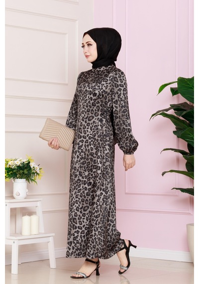 Yanı Bağcıklı Leopar Desenli Tesettür Abiye-vizon-4681