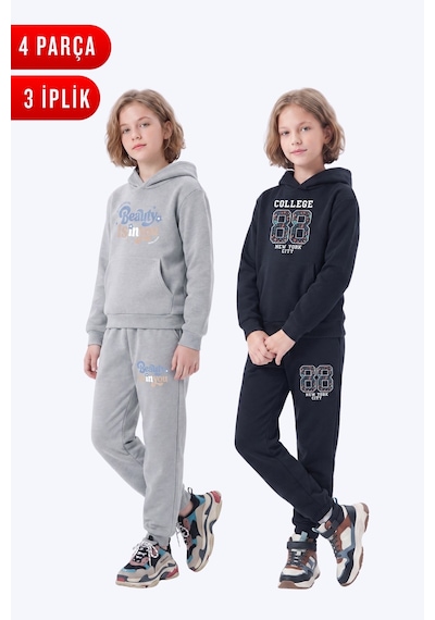 Fyk Kids 3 İplik Baskılı Kışlık Kanguru Cepli Kapüşonlu Kız Çocuk 2'li Eşofman Takımı 4 Parça Gri-siyah