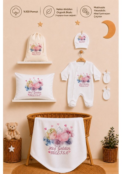 Pia Baby Kız Bebek İsimli %100 Pamuk Hastane Çıkışı 6 Parça Tulum Şapka Eldiven Hediye Seti 2080tybk3x Krem