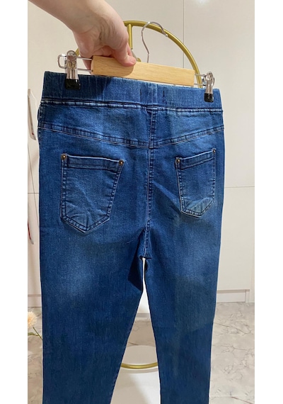 Lazerli Yırtık Denim Tayt Pantolon Açık Lacivert