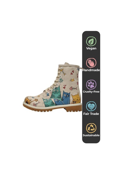 Kadın Vegan Deri Bej Uzun Bot - Cat Lovers Tasarım Multicolor