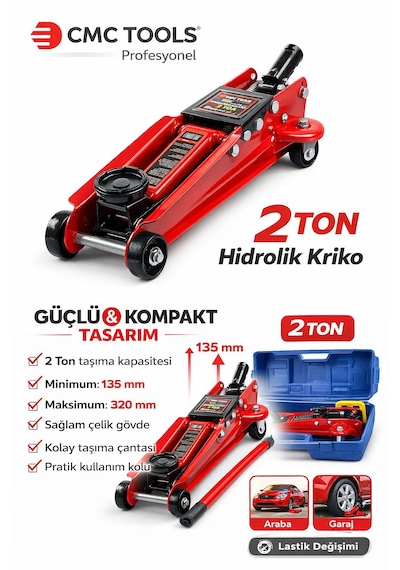 2 Ton Hidrolik Kriko Arabalı Kriko Taşıma Çantalı 135-320 Mm Profesyonel