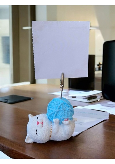 Mavi Yumak Tutan Oturan Kawaii Kedi Temalı Not Tutacağı Fotoğraf Tutacak Tutucu Ofis Seti Hediyelik Mavi