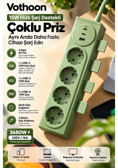 Vothoon 4 Lü Akıllı Priz Tek Dokunuşla Fiş Çıkarma 2 Metre Kablo 2 Type-c + Usb 15w Hızlı Şarj 3680w 0