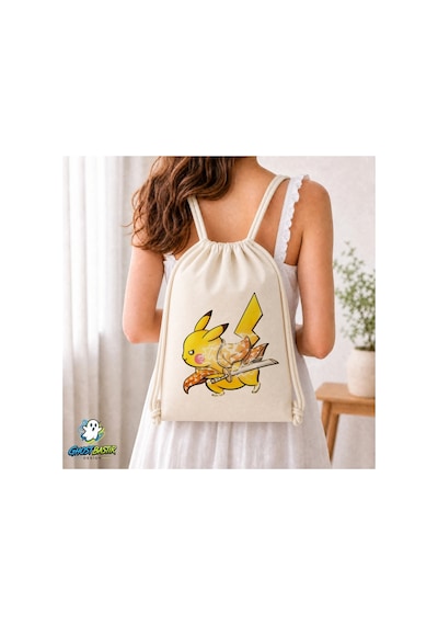 Ghostbastır Design Pikachu Büzgülü Keten Çanta C236 Bej