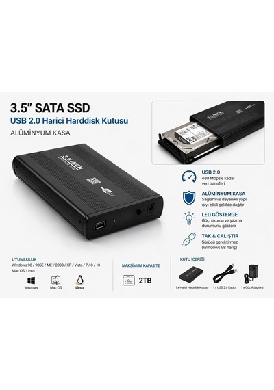 3.5 Sata Harici Harddisk Kutusu Usb 2.0 Alüminyum Kasa, 2tb Destek, Tak Çalıştır Hdd/ssd Disk Kutusu
