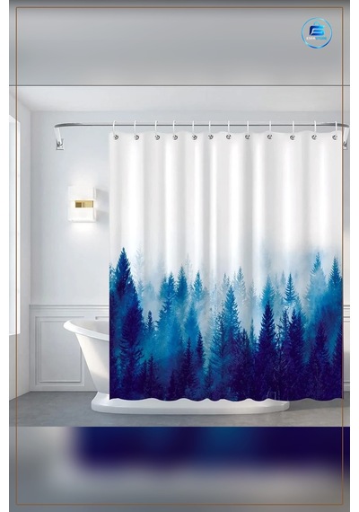 Banyo Perdesi Mavi Orman Desenli Dekoratif Halkalı Kancalı Duş Ev Çok Renkli