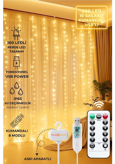 TechnoSmart Peri Telli Perde Led Işık Kumandalı 300 Ledli  3 x 3 metre Usb'li 8 Animasyonlu Günışığı Diğer