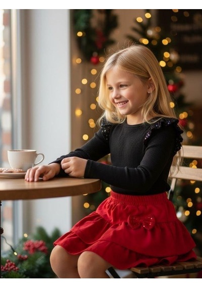 Zekids Kız Çocuk Pullu Body Kırmızı Katkat Etekli Takım-16439 Çok Renkli