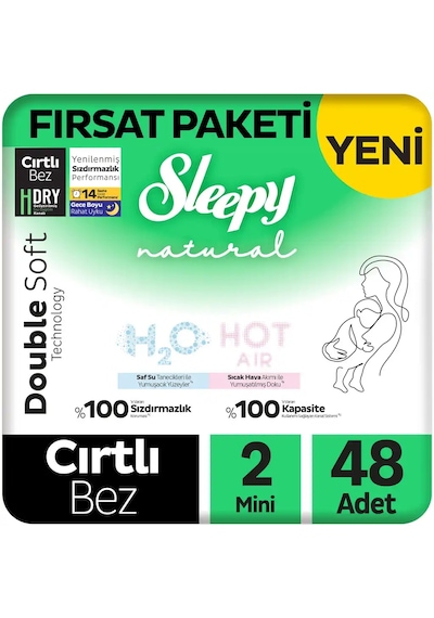 Sleepy Natural Double Soft Fırsat Paketi Bebek Bezi 2 Numara Mini 48 Adet
