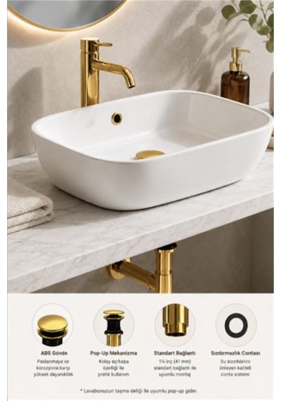 İz Yapı Felix Paslanmaz Pop-up Lavabo Gideri Taşma Delikli Altın Üniversal Sızdırmaz Somunlu Parlak Altın