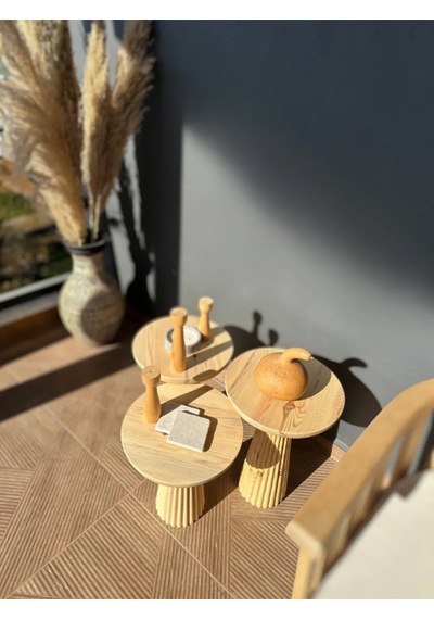 Wood Wooden Mantar Sehpa 3'lü Set Üçlü Set