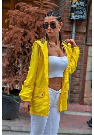 Veraura Lifestyle Sarı Yıldız Kapüşonlu Cepli İnce Yağmurluk